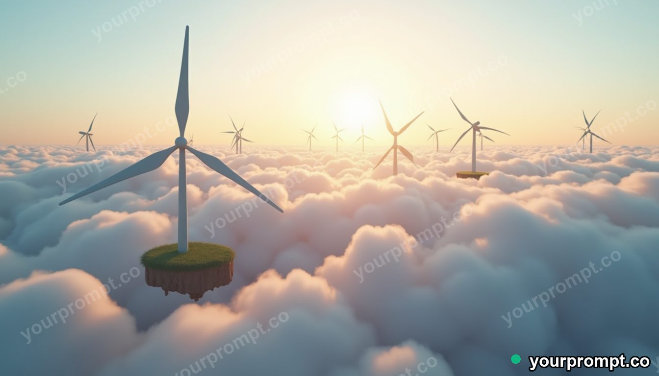 A floating wind-turbine farm above the clouds