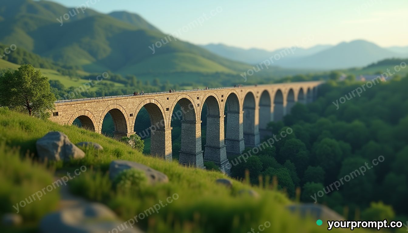 A Roman stone aqueduct over a green valley