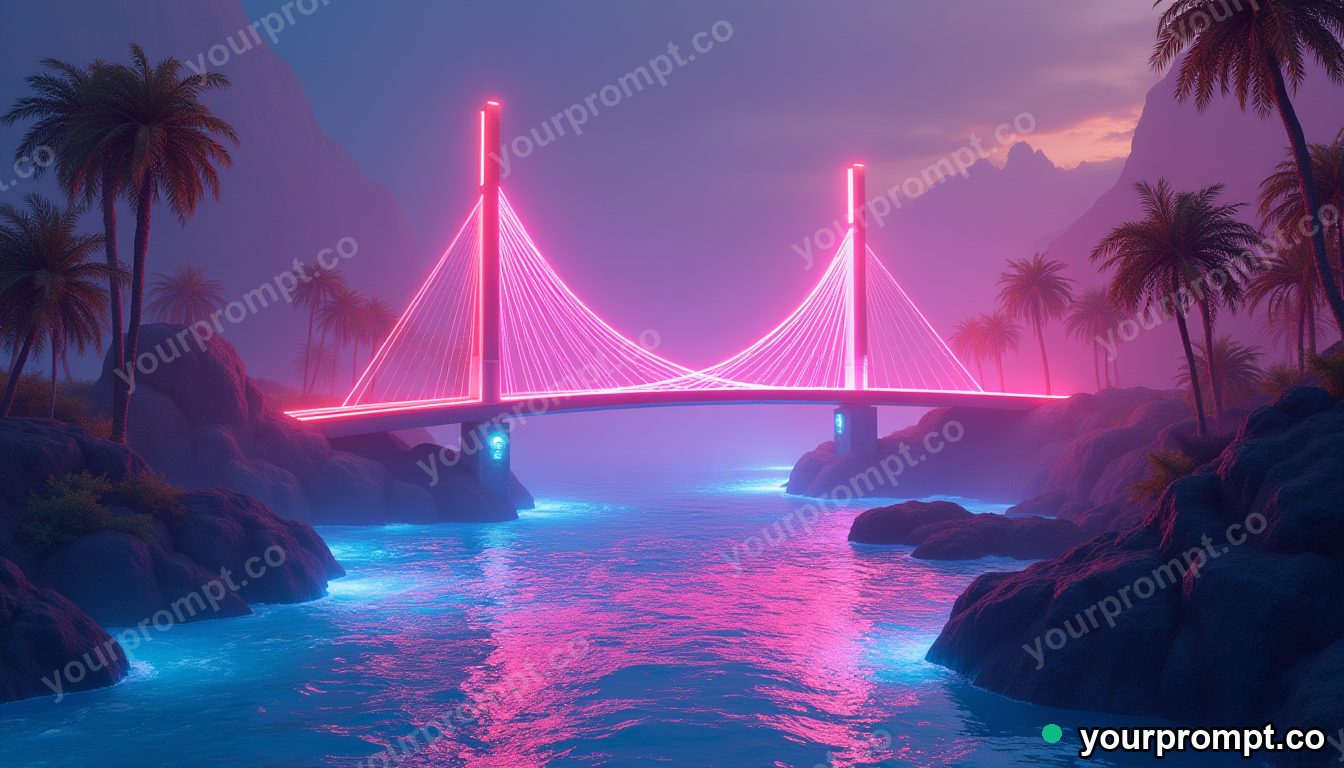 A glowing futuristic bridge across a neon river