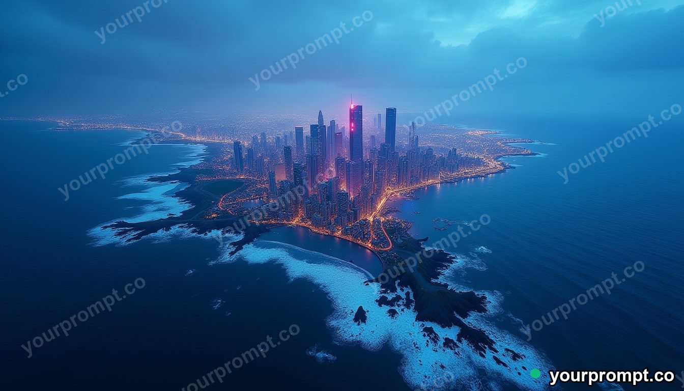 An aerial view of a coastal city meeting a deep blue sea