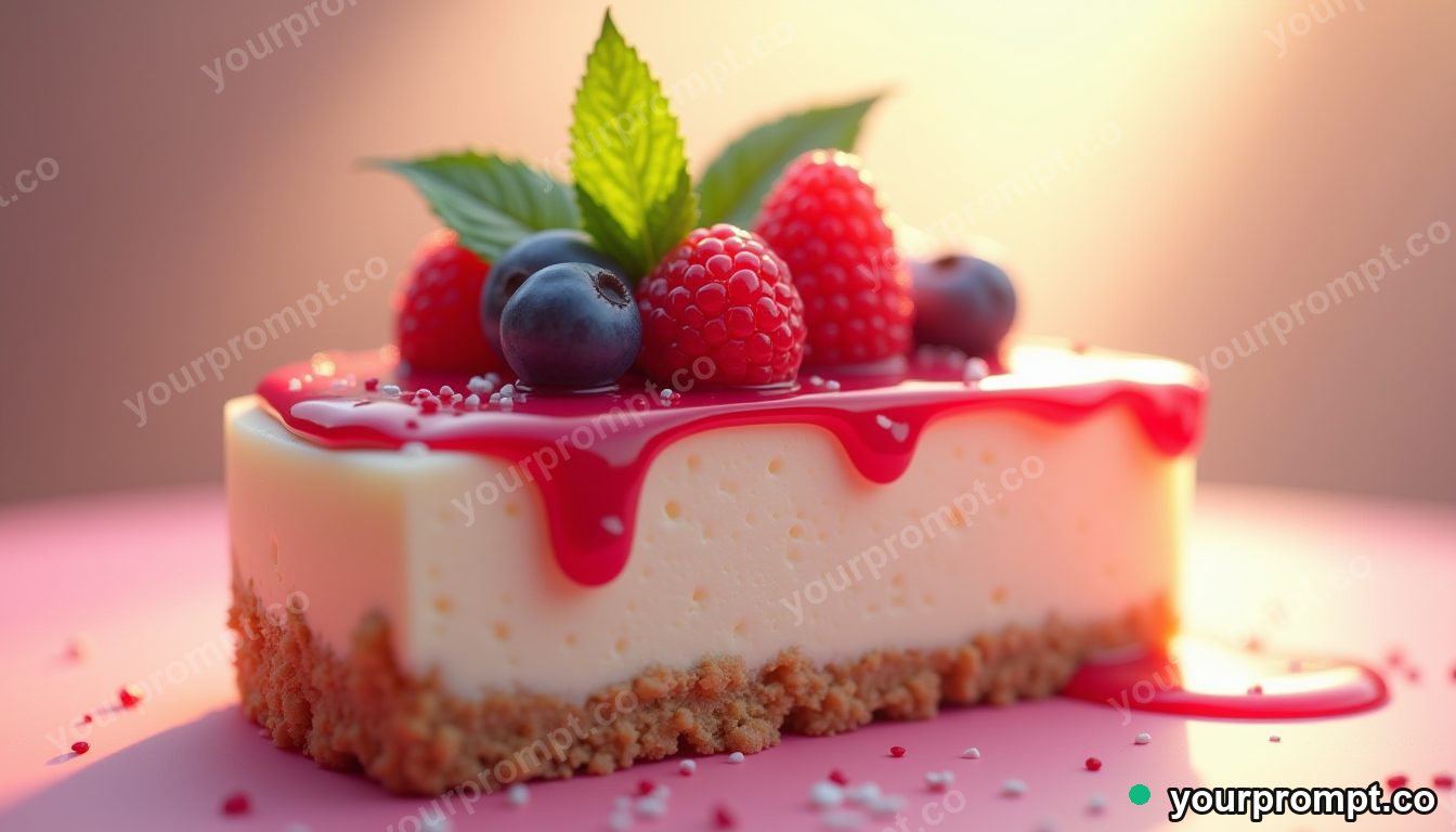 A berry-topped cheesecake slice with mint