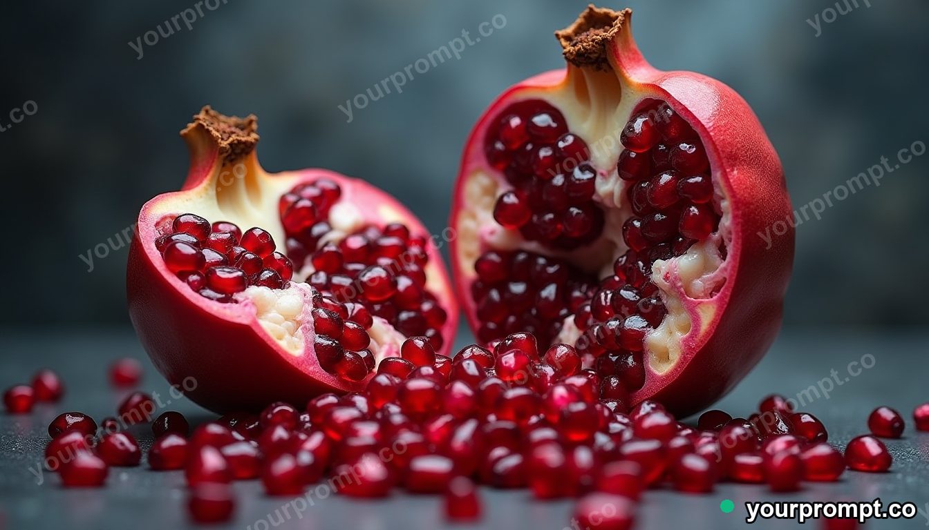 A pomegranate split open spilling ruby seeds