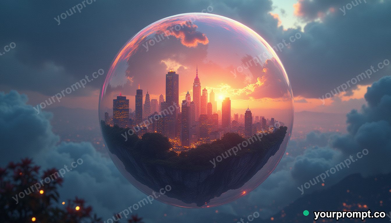 A city floating upside-down inside a giant soap bubble