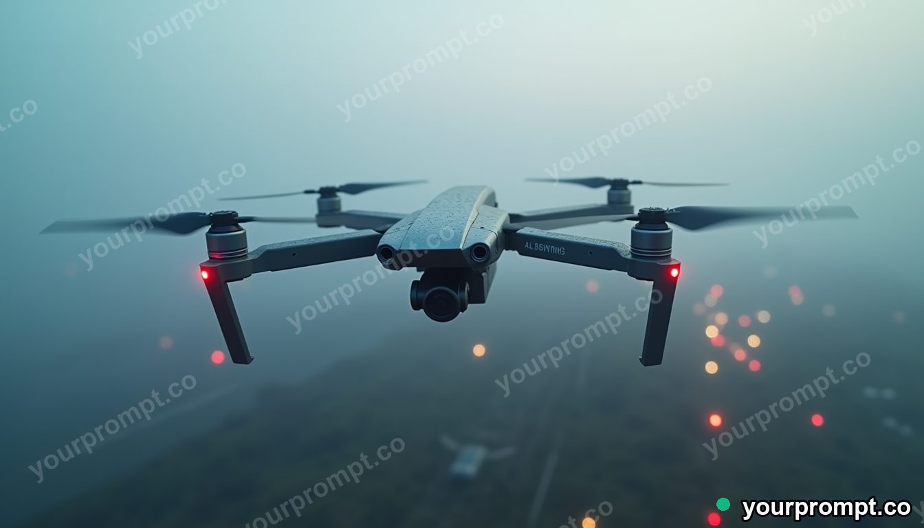 A battle drone hovering over a foggy battlefield