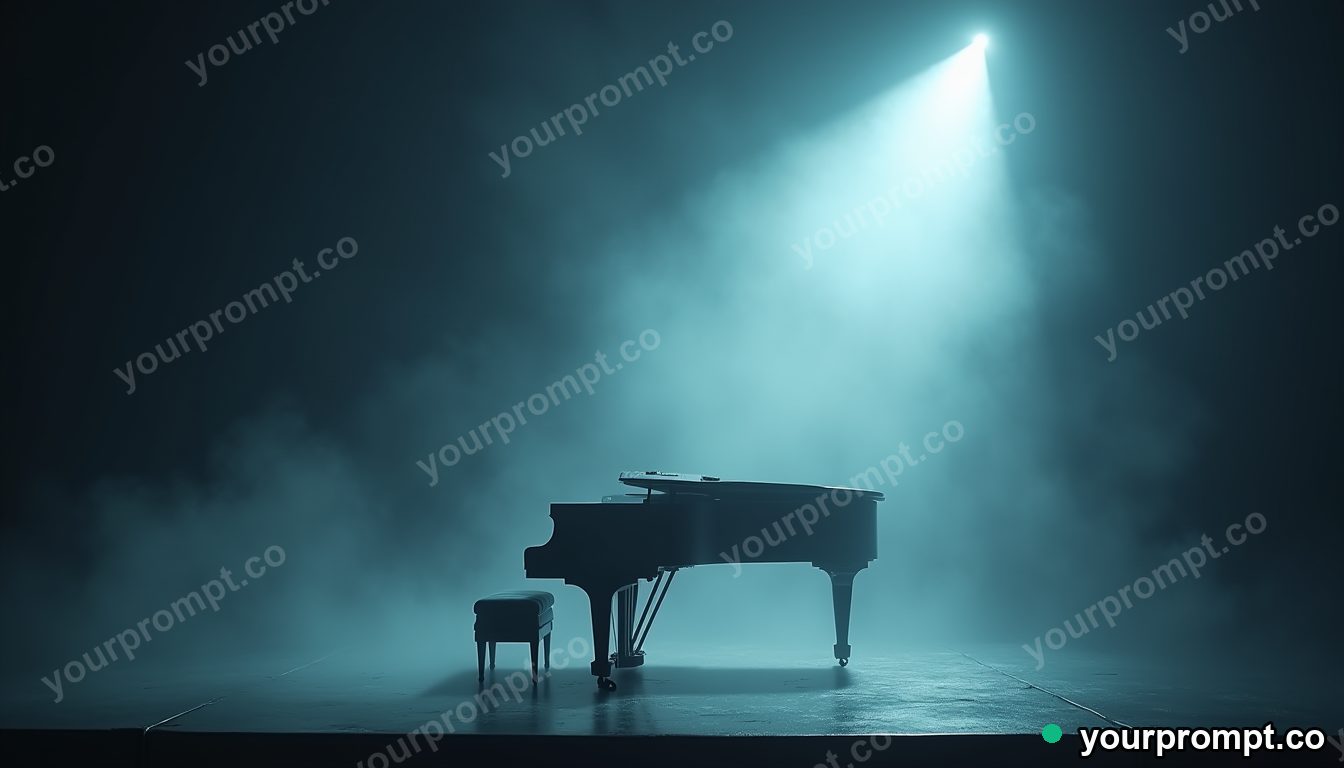 A grand piano on a foggy stage under a single spotlight