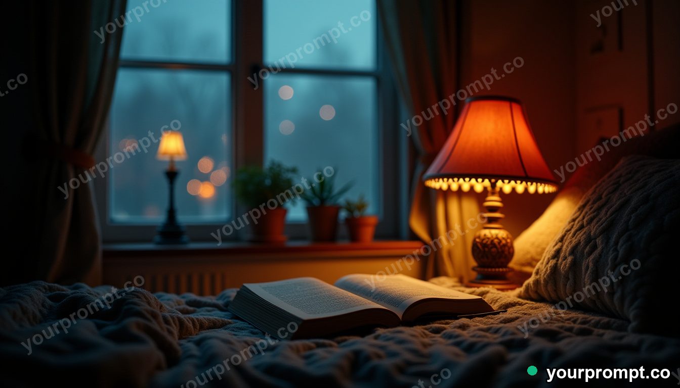 A cozy rainy-day reading nook with warm lamplight