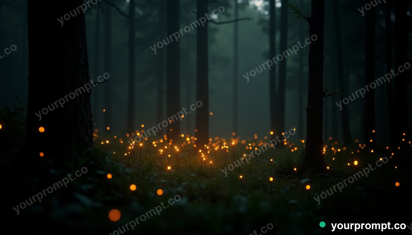 A swarm of fireflies glowing in a dark forest