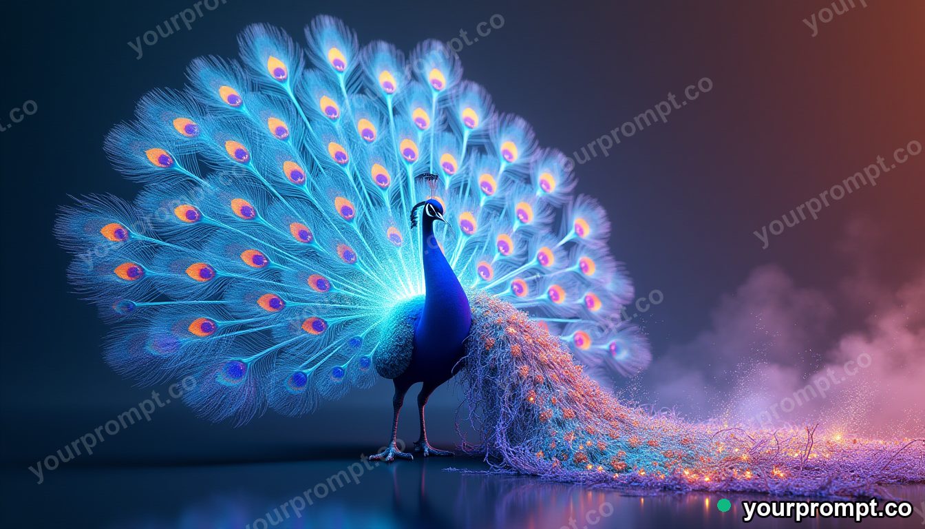 A peacock fanning iridescent tail feathers