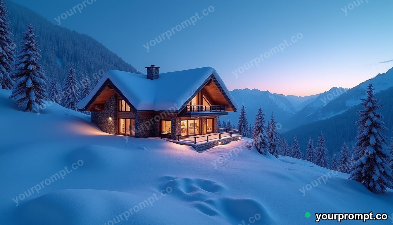A snow-covered alpine chalet at twilight