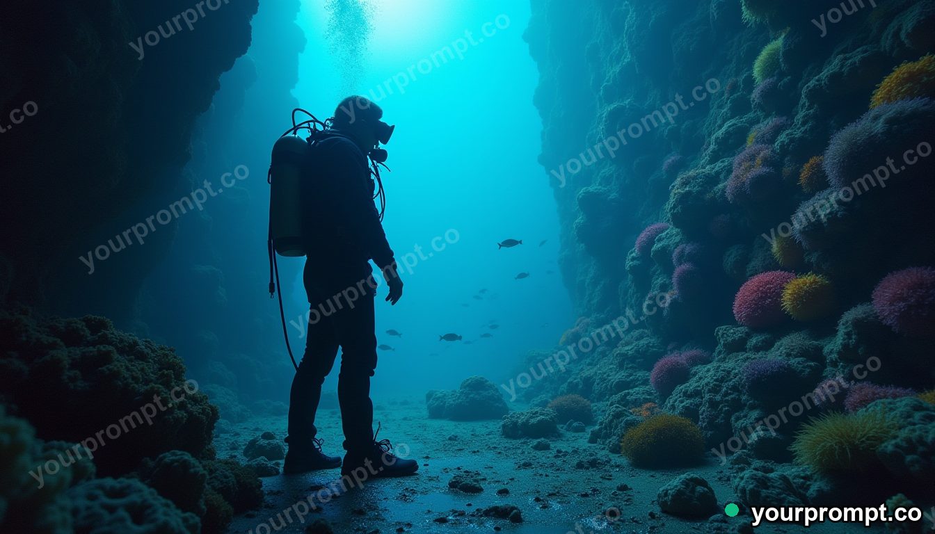 A deep-sea diver inspecting a glowing coral wall