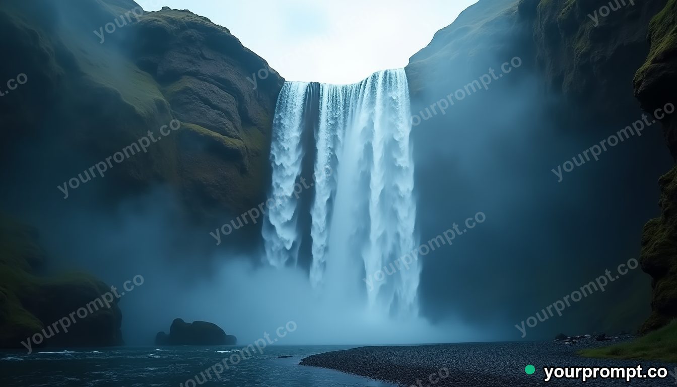 A waterfall flowing upward into a hole in the sky