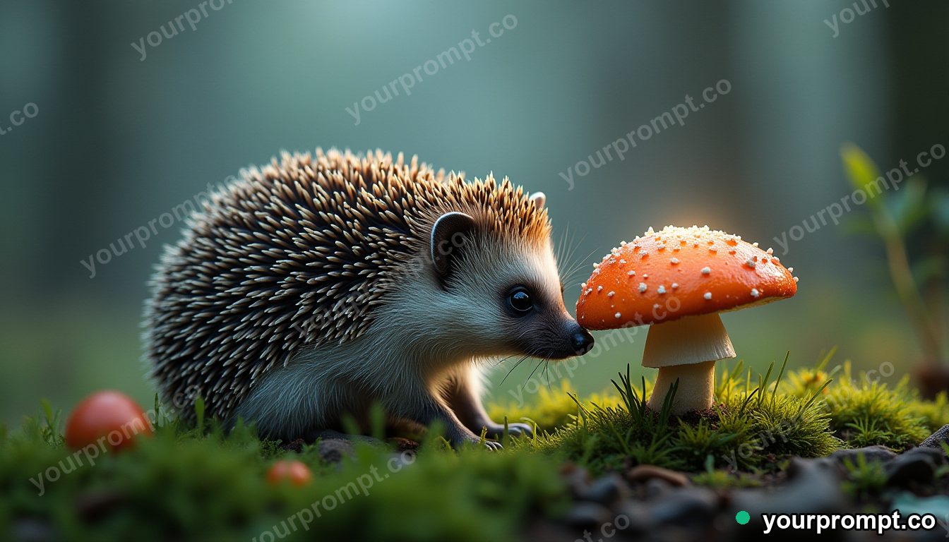 A hedgehog sniffing a mushroom in mossy grass