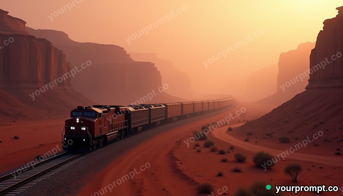 A freight train winding through a red desert canyon