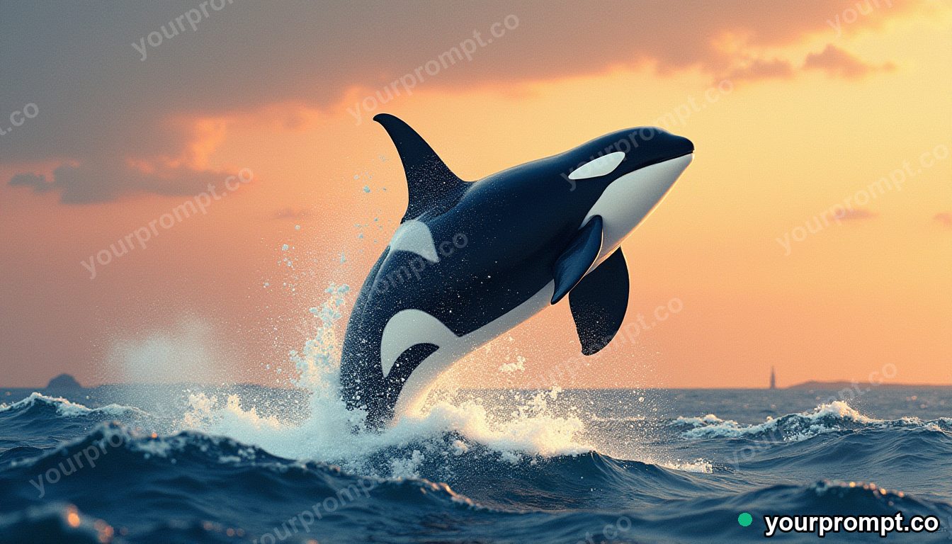 An orca breaching against a dramatic sky