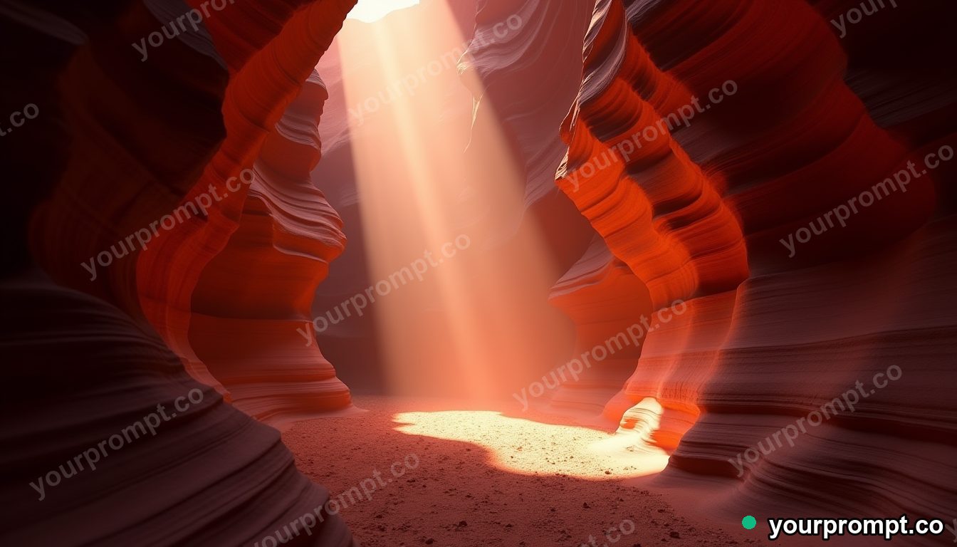 A slot canyon with beams of light on red rock