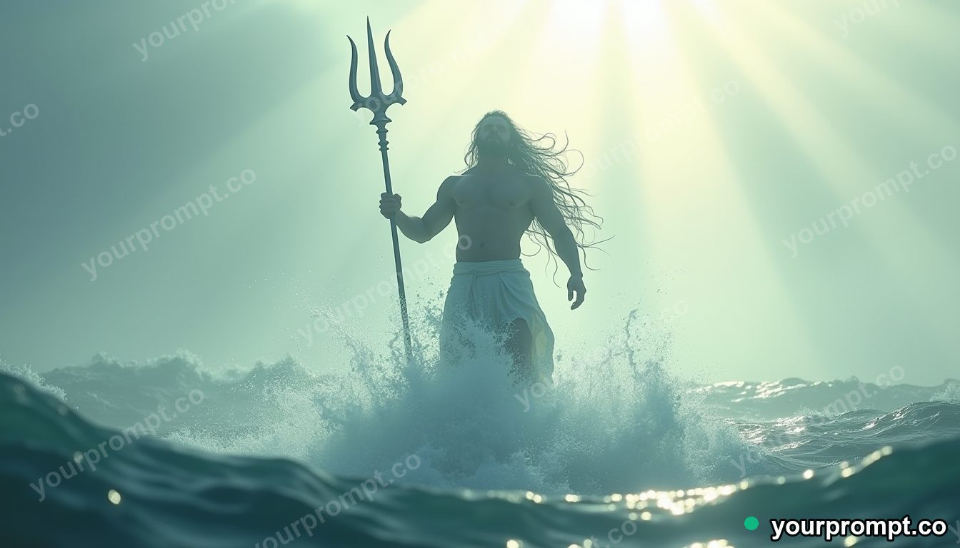 Poseidon rising from a churning sea with a trident