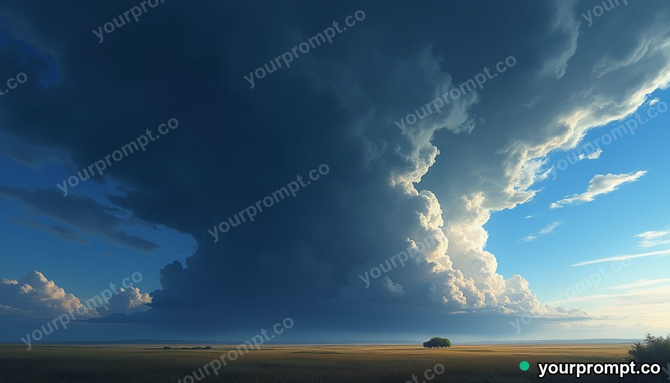 A massive supercell thunderstorm over open plains