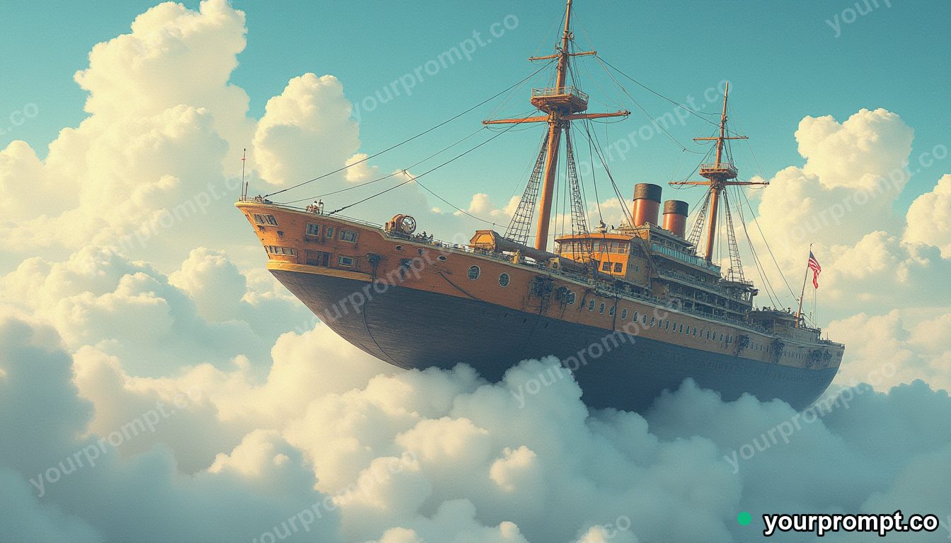A steampunk airship docking at a cloud city