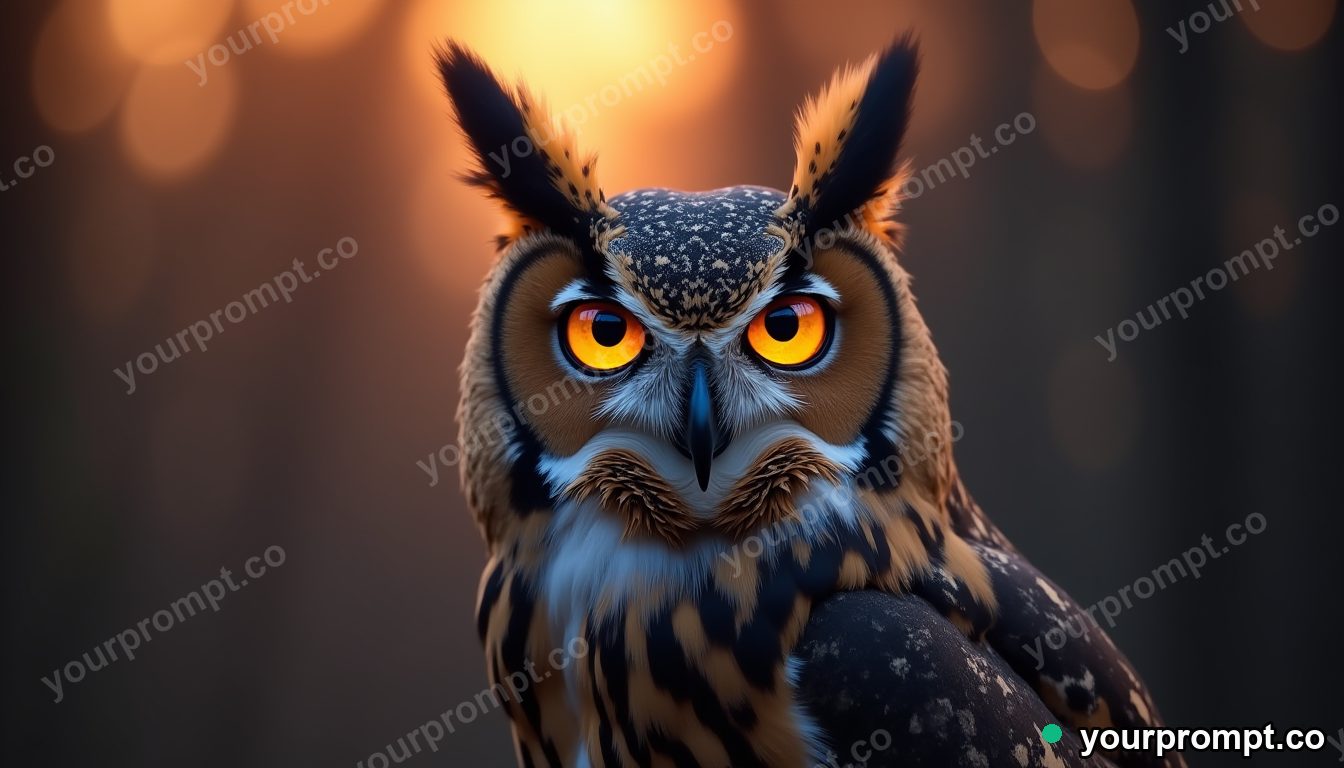 A great horned owl with piercing eyes at dusk