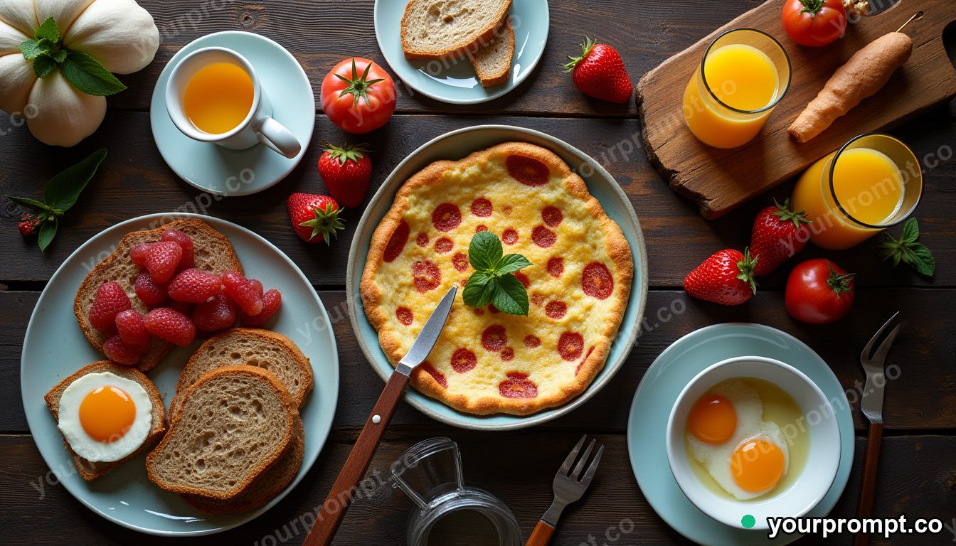 A rustic breakfast spread on a wooden table, top-down