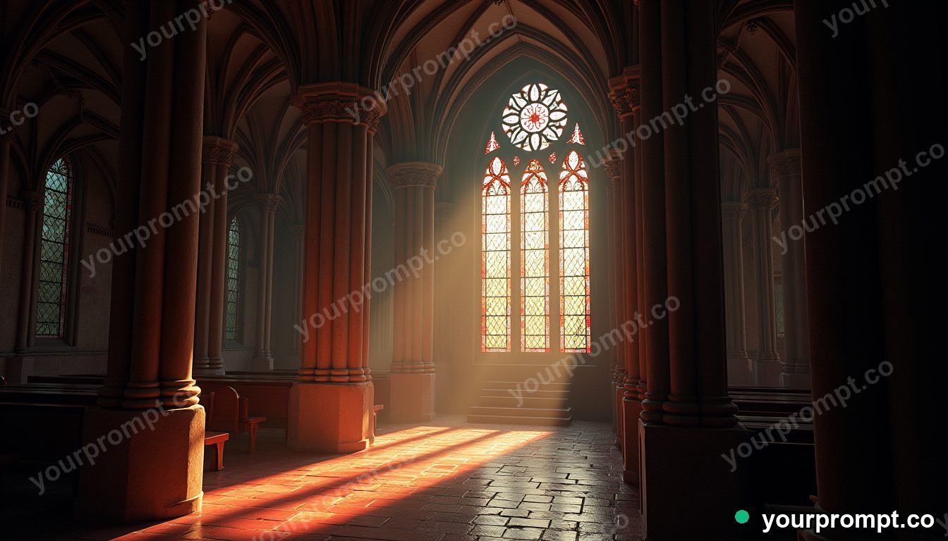 A gothic cathedral interior lit by stained-glass light