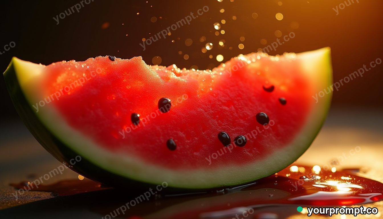 A cross-section of a juicy ripe watermelon, droplets flying