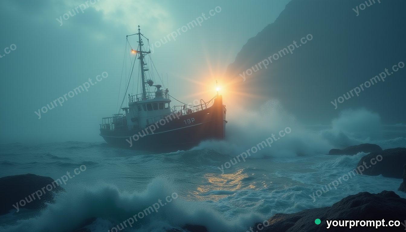 A lighthouse supply boat in crashing surf