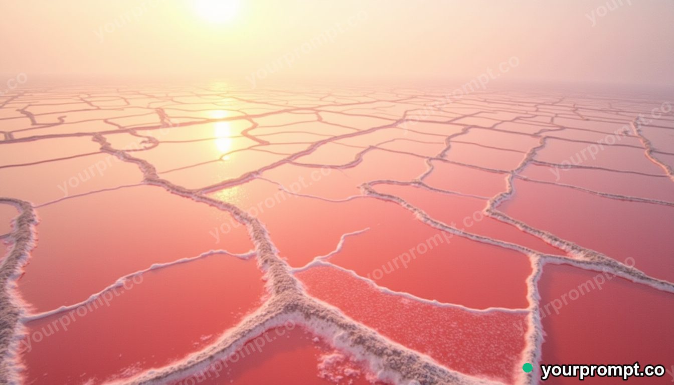 A bird's-eye view of salt evaporation ponds in pink and orange