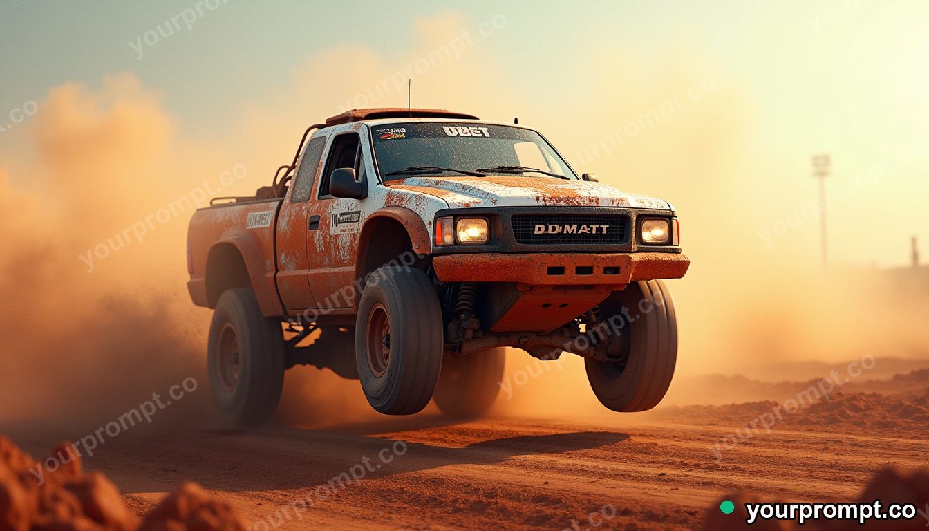 A mud-splattered rally truck mid-jump on a dirt track