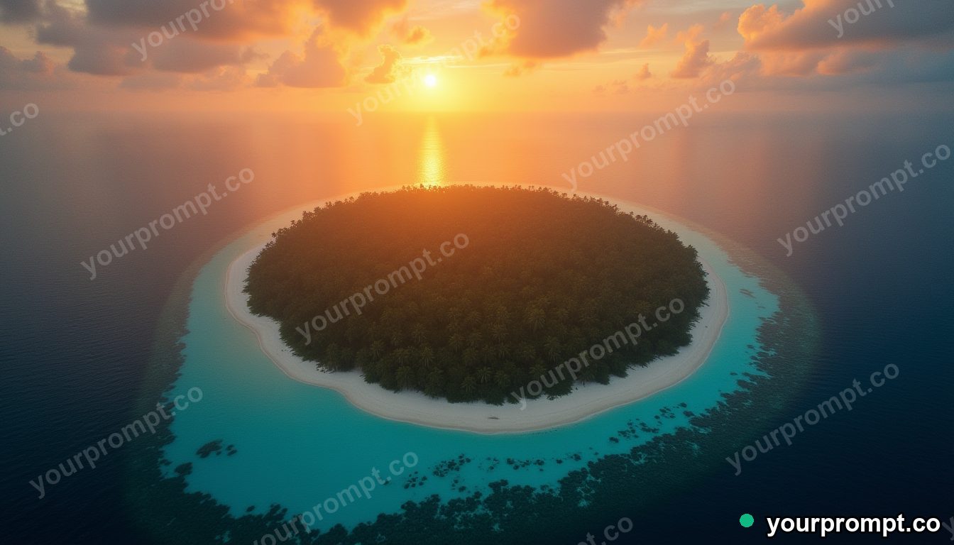 An aerial view of a tropical atoll ringed by reef