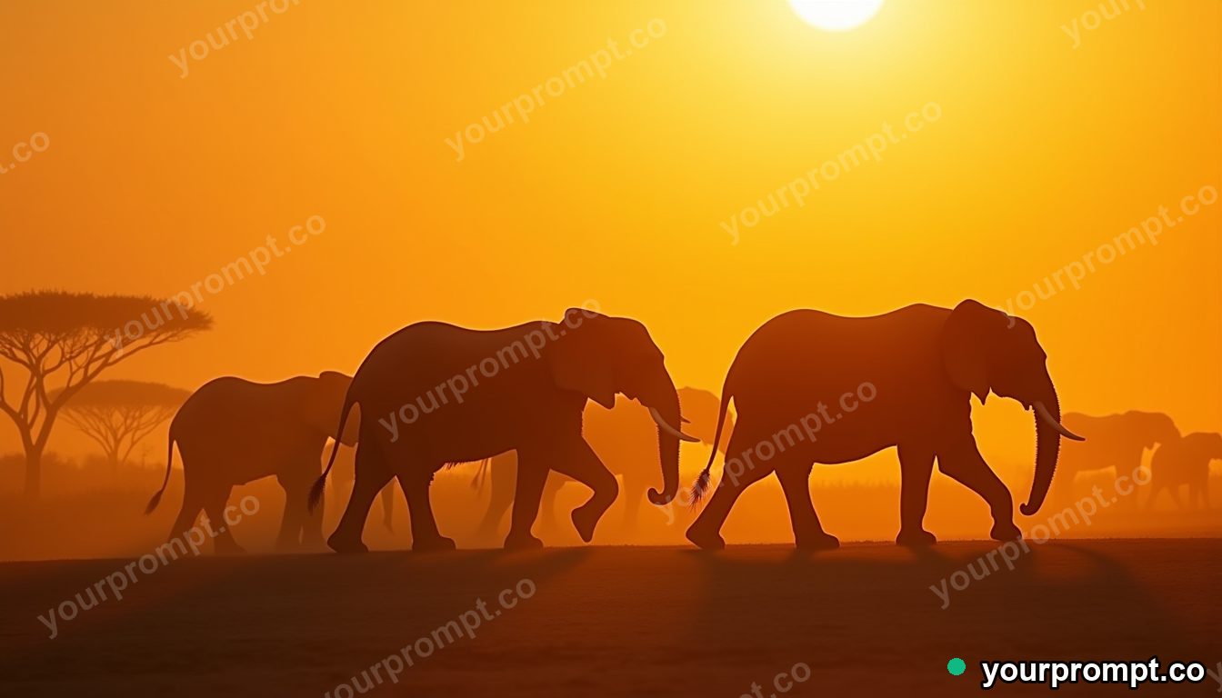 An elephant herd crossing a dusty plain at sunset