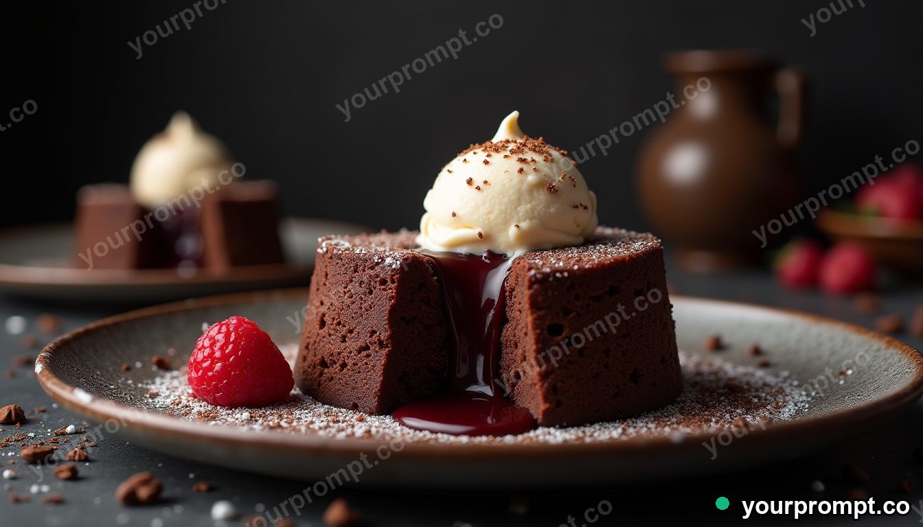 A molten chocolate lava cake with a vanilla scoop