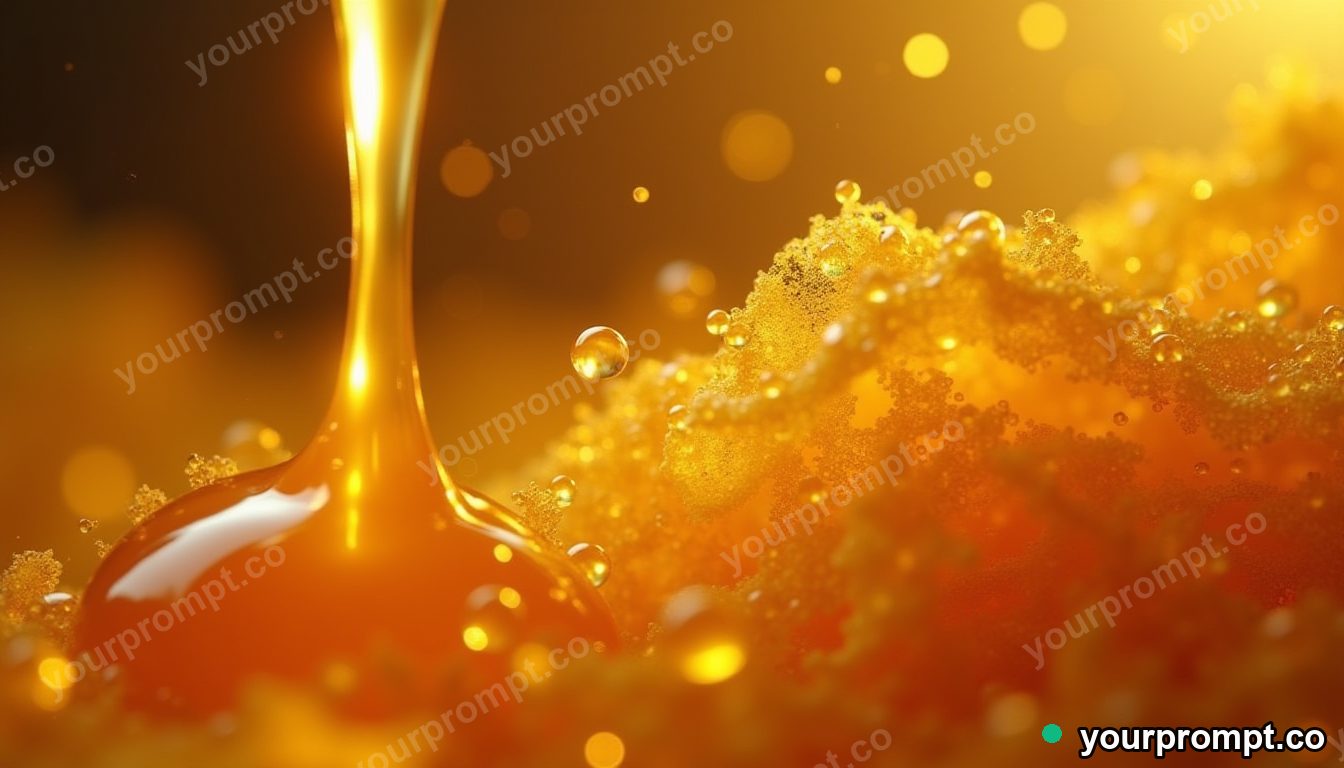 Honey dripping in a golden ribbon, close-up