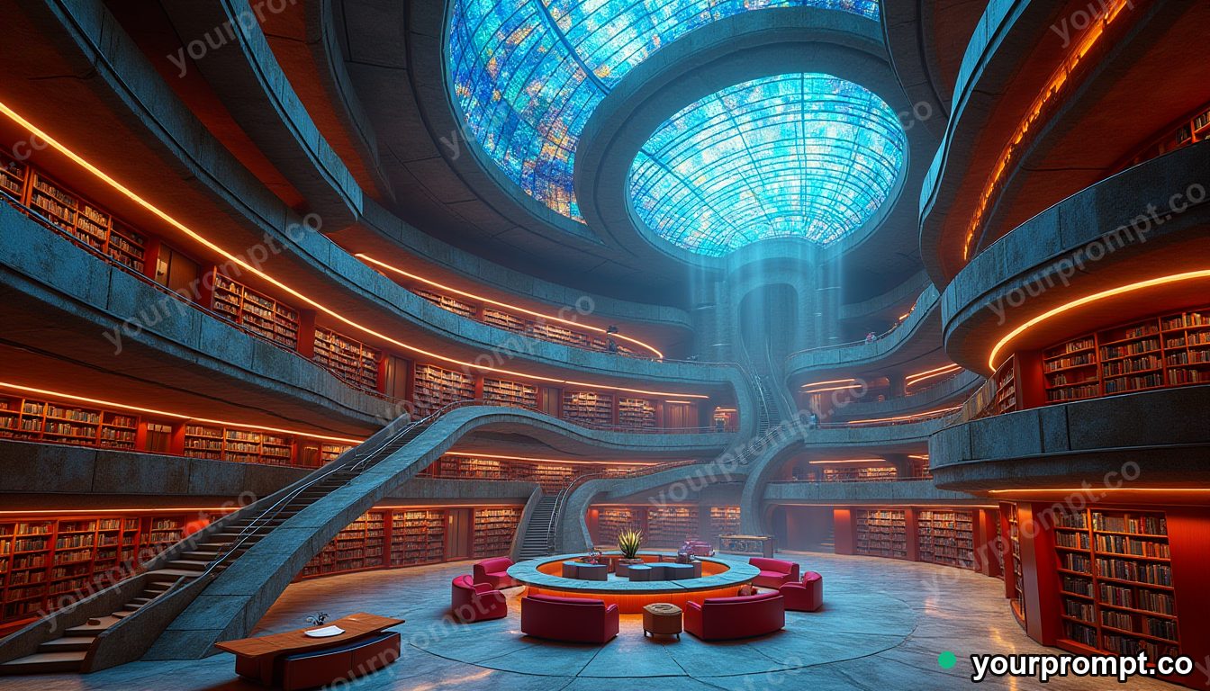 A futuristic library atrium with curving balconies