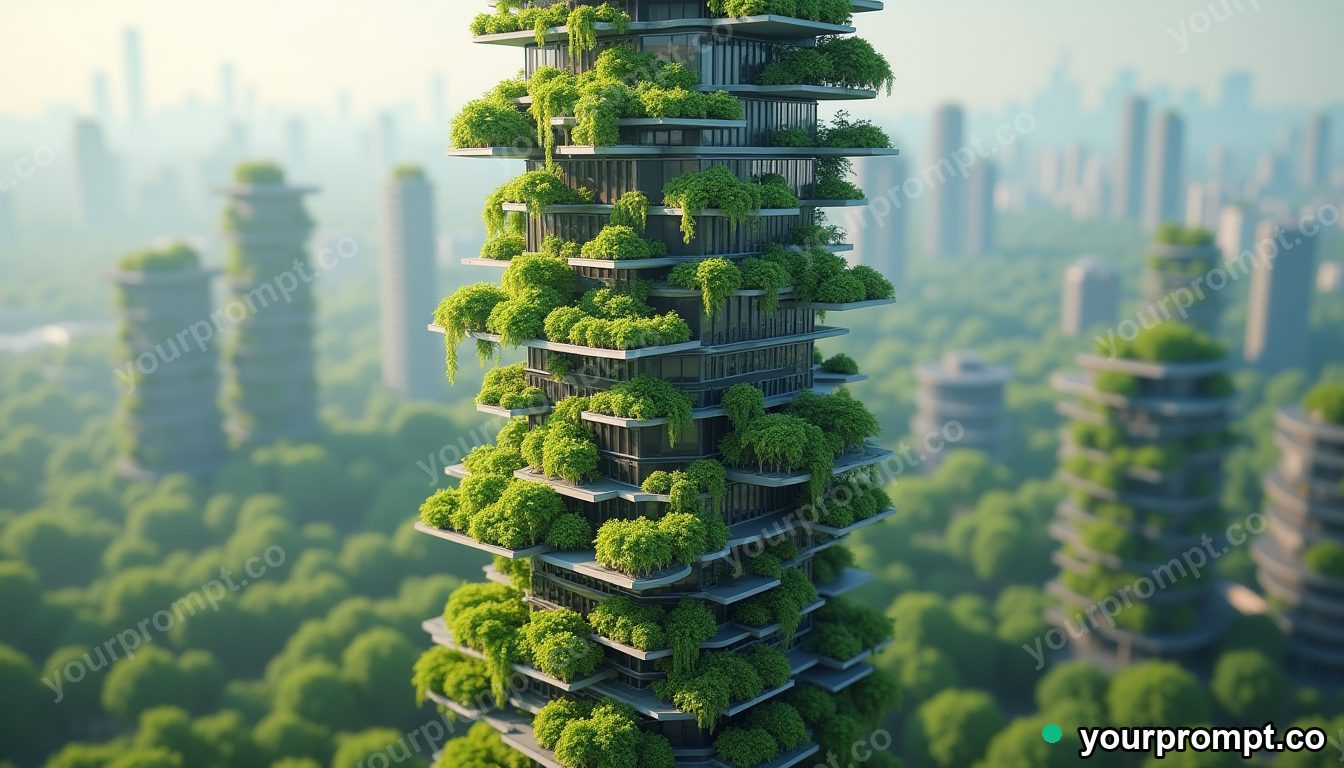 A futuristic eco-skyscraper draped in hanging gardens