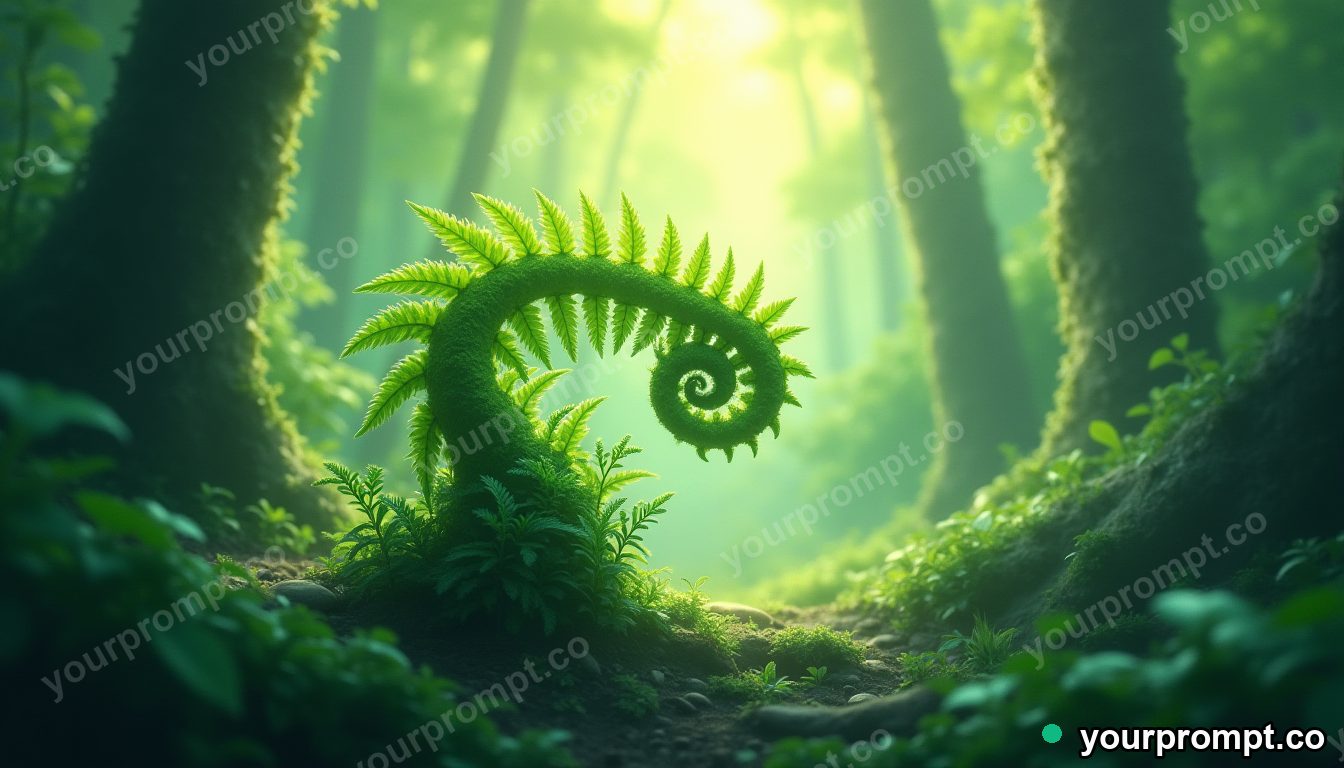 A fern unfurling in dappled forest light