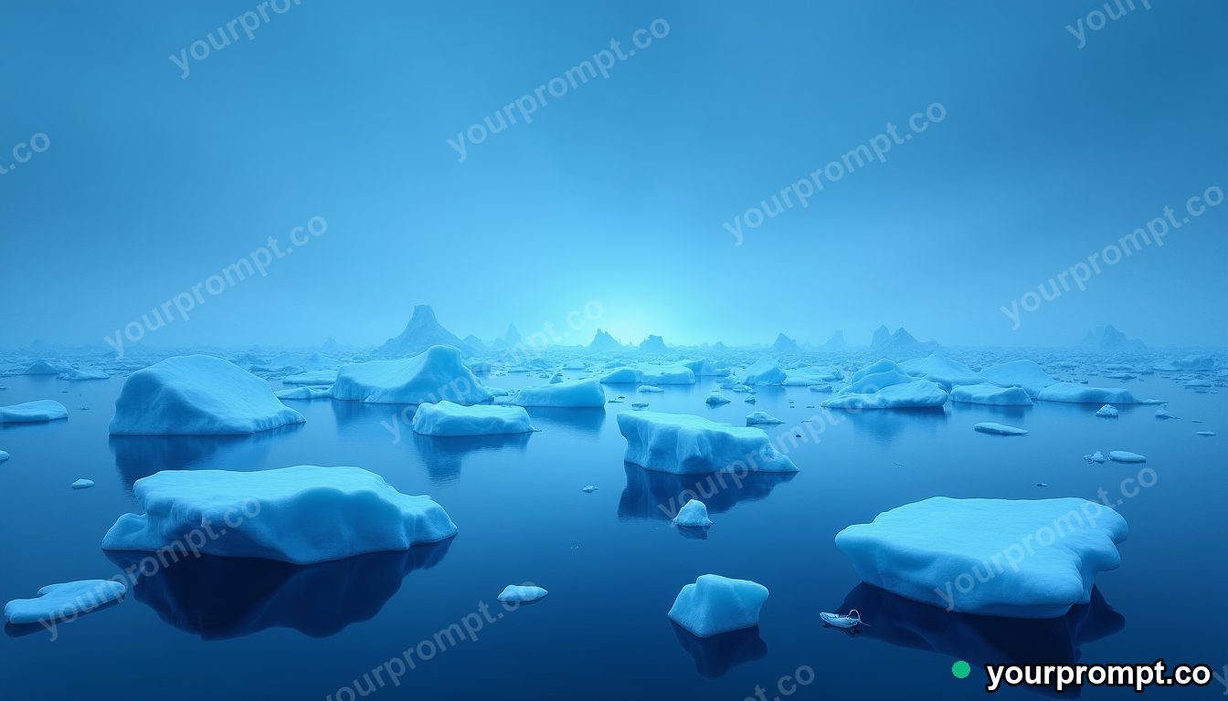 A field of icebergs in a calm arctic sea