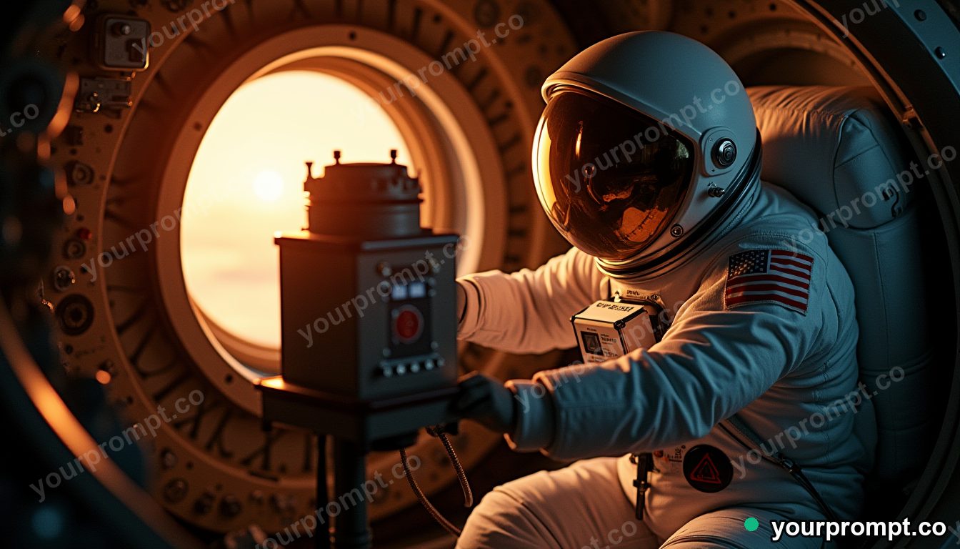 An astronaut adjusting equipment inside a space capsule