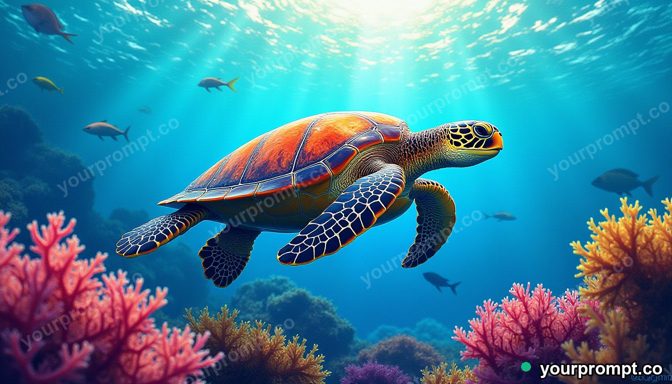 A sea turtle drifting over a colorful reef