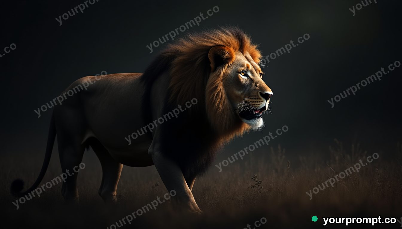 A majestic lion with a windswept mane on the savanna