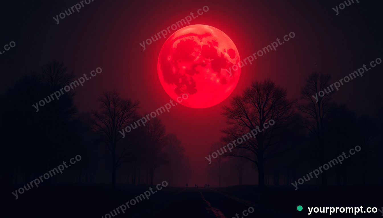 An eerie red blood-moon eclipse over silhouetted trees