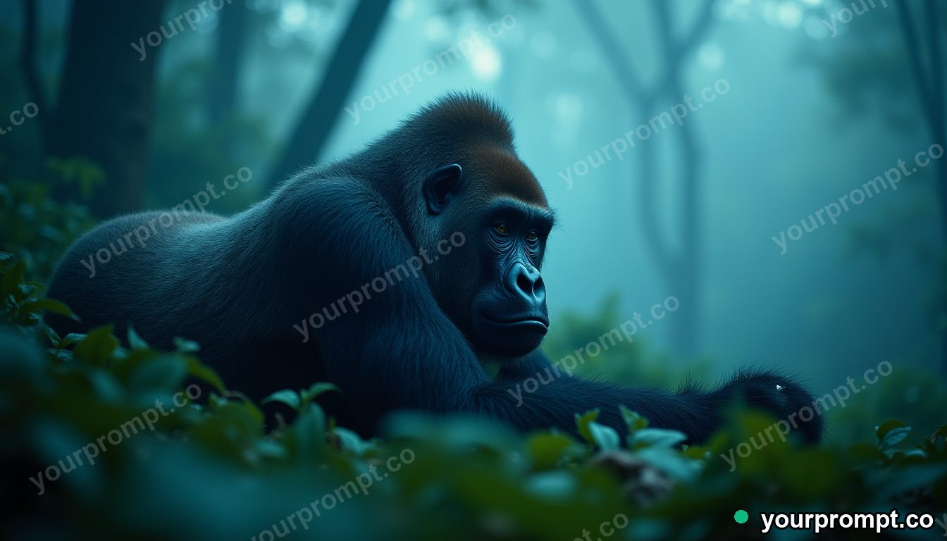 A mountain gorilla resting in misty jungle