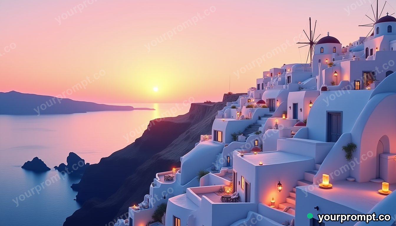 A white-and-blue Santorini cliffside at sunset