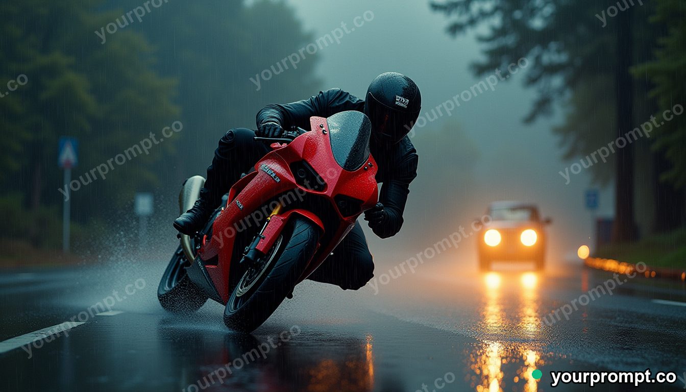 A sport bike leaning hard through a rainy corner