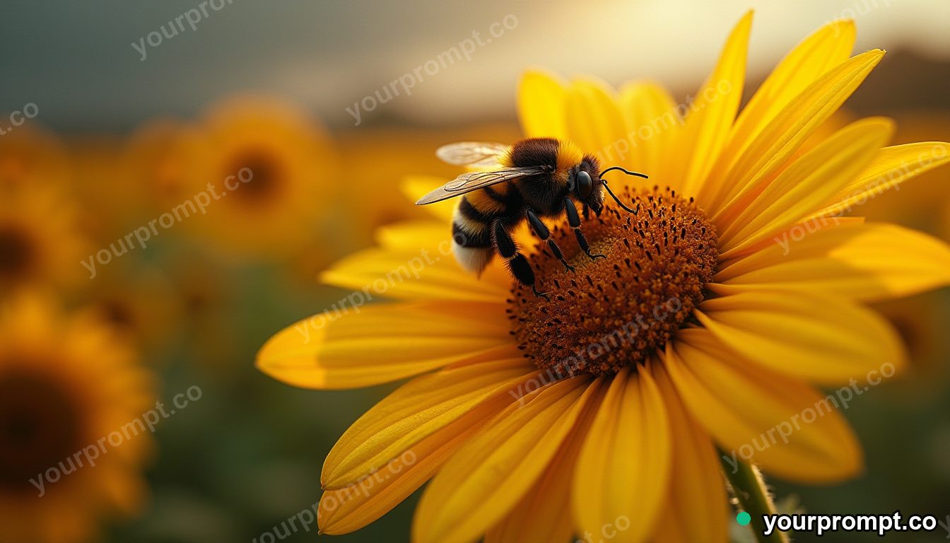 A bumblebee dusted with pollen on a sunflower