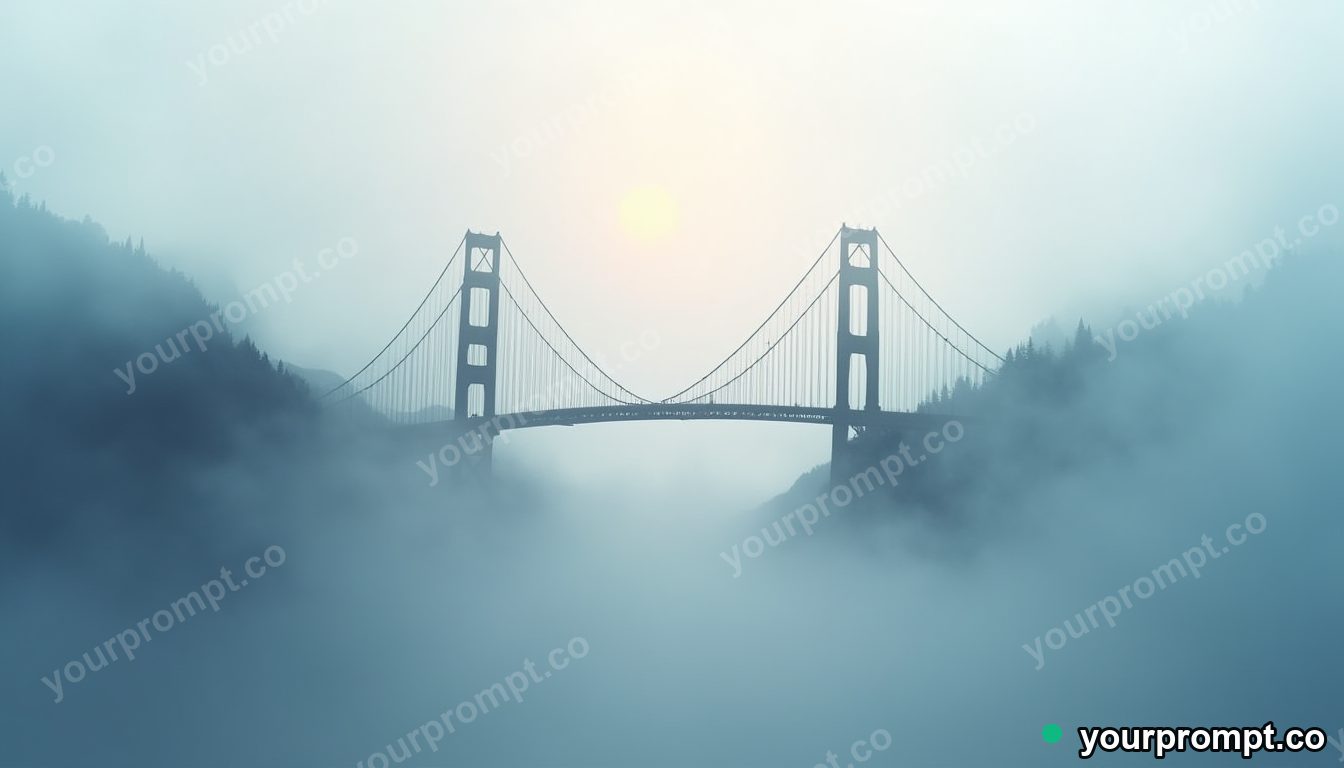 A misty suspension bridge vanishing into fog