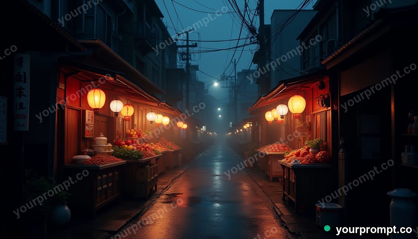 A glowing night market in a narrow Tokyo alley