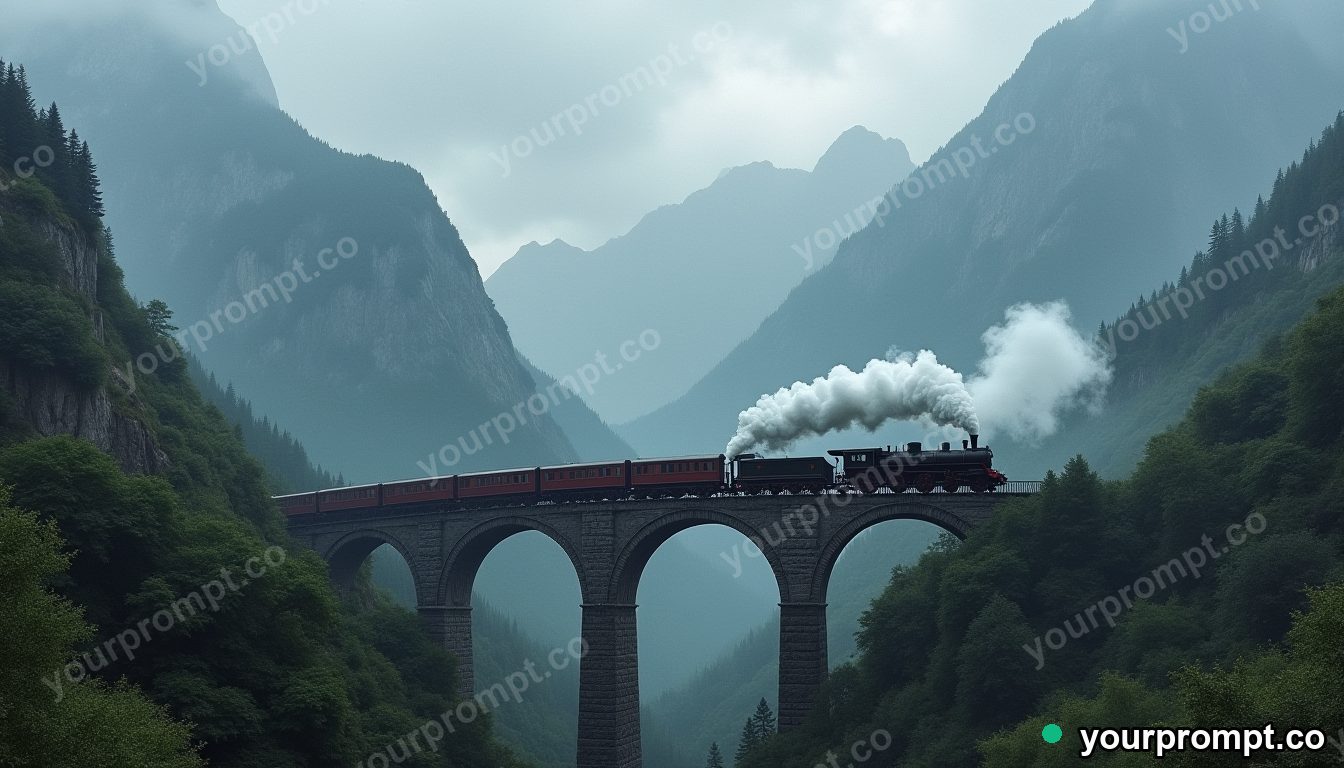 A steam locomotive crossing a stone viaduct in the mountains