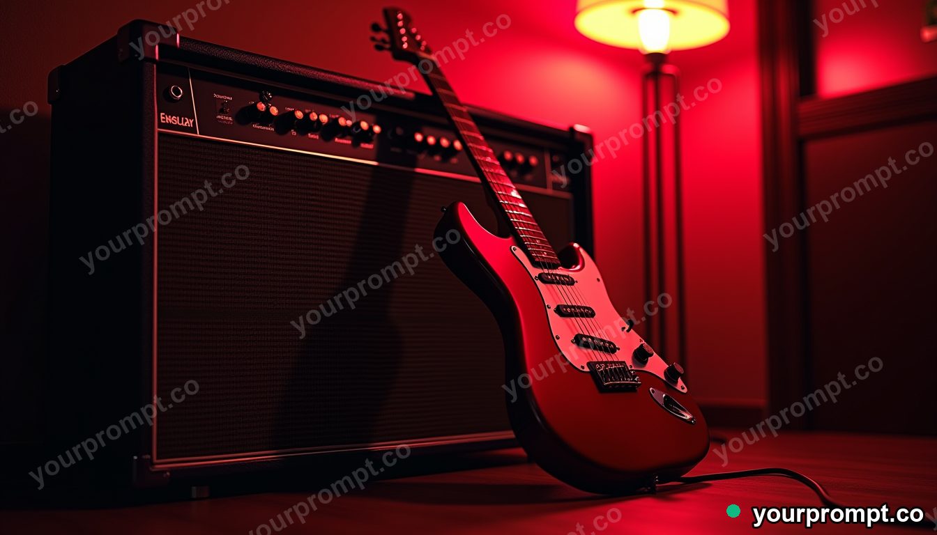 A vintage electric guitar leaning against an amp, neon glow