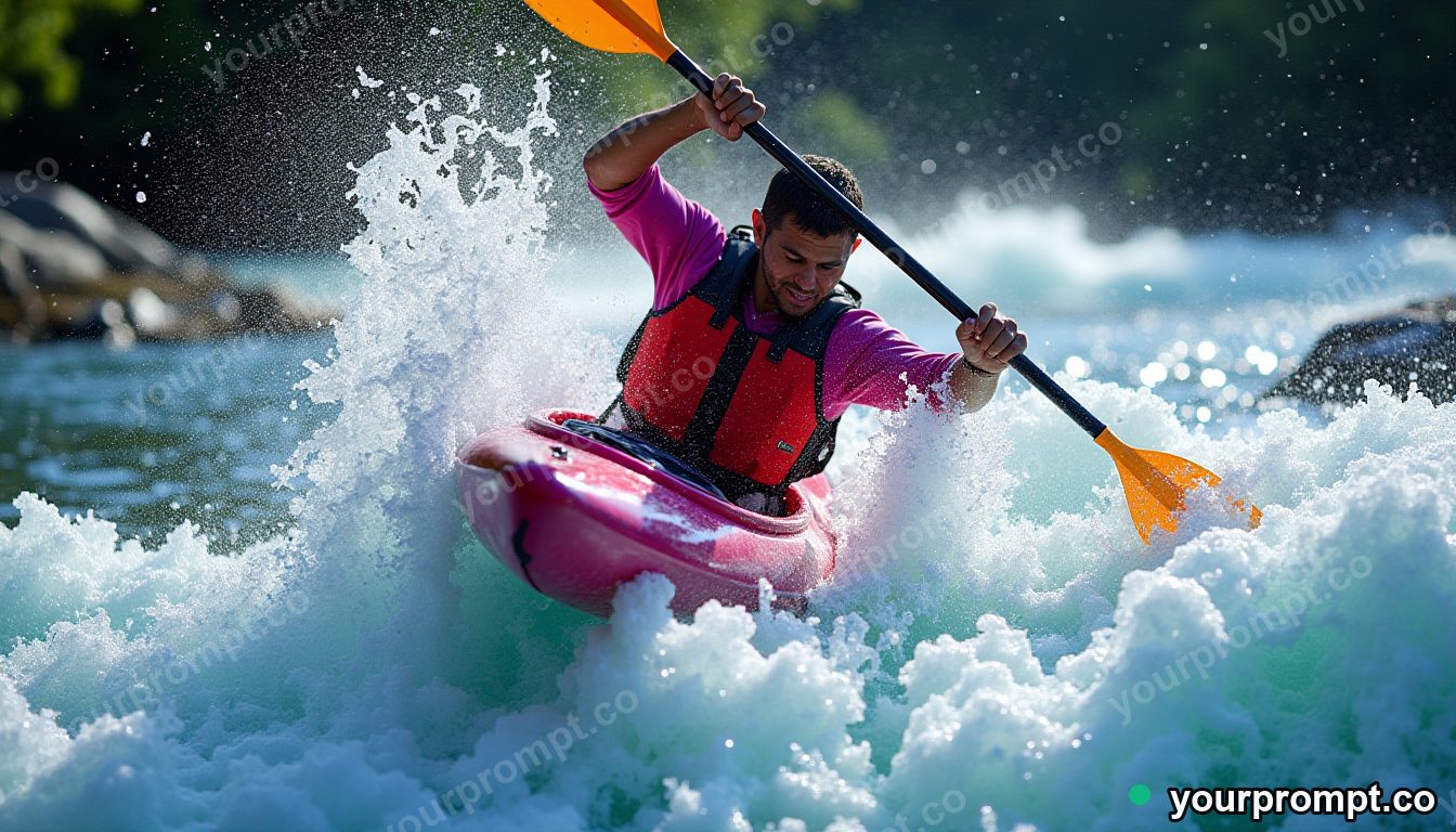 A kayaker plunging down a foaming rapid